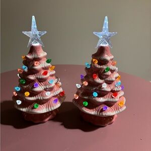 Set of 2 Pink Ceramic Christmas Tree with Multicolor Lights